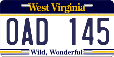 WV license plate OAD145