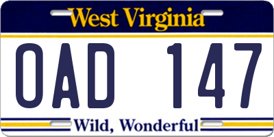 WV license plate OAD147