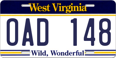 WV license plate OAD148