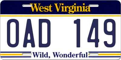 WV license plate OAD149