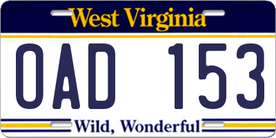 WV license plate OAD153