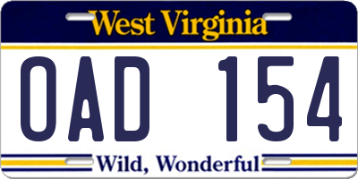 WV license plate OAD154