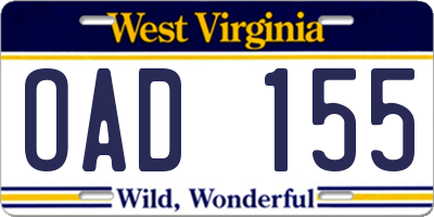 WV license plate OAD155
