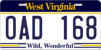 WV license plate OAD168