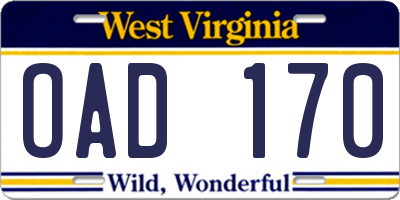 WV license plate OAD170