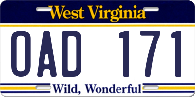 WV license plate OAD171