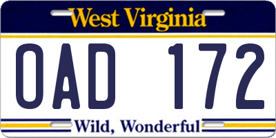 WV license plate OAD172