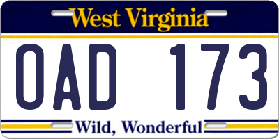 WV license plate OAD173