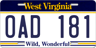 WV license plate OAD181