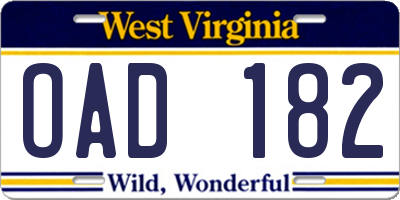 WV license plate OAD182
