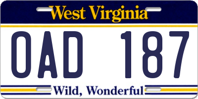 WV license plate OAD187