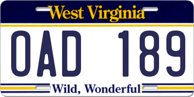 WV license plate OAD189