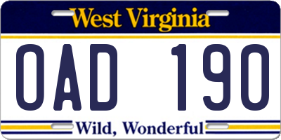 WV license plate OAD190