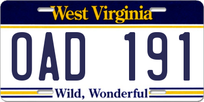 WV license plate OAD191