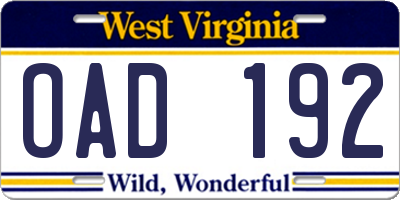 WV license plate OAD192