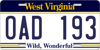 WV license plate OAD193