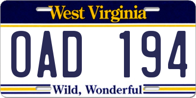 WV license plate OAD194
