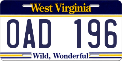 WV license plate OAD196