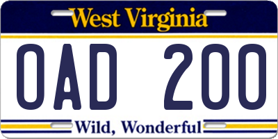 WV license plate OAD200