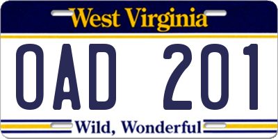 WV license plate OAD201