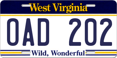 WV license plate OAD202