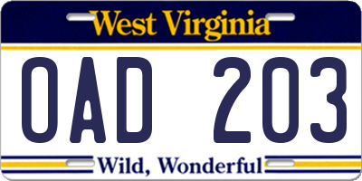 WV license plate OAD203