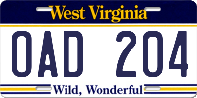 WV license plate OAD204