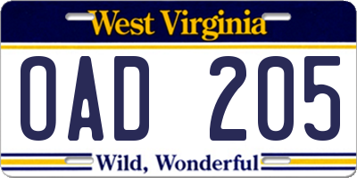 WV license plate OAD205