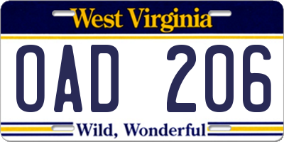 WV license plate OAD206