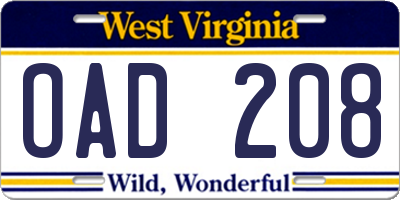 WV license plate OAD208