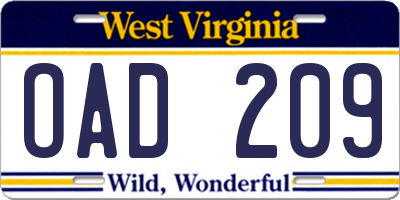 WV license plate OAD209