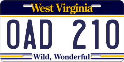 WV license plate OAD210