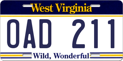 WV license plate OAD211