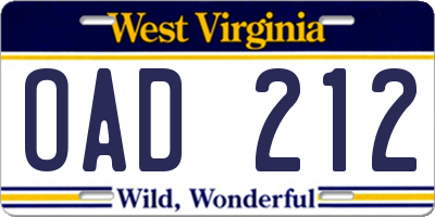 WV license plate OAD212