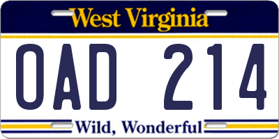 WV license plate OAD214