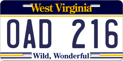 WV license plate OAD216