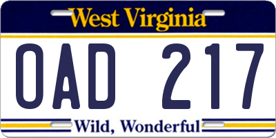 WV license plate OAD217
