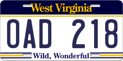 WV license plate OAD218