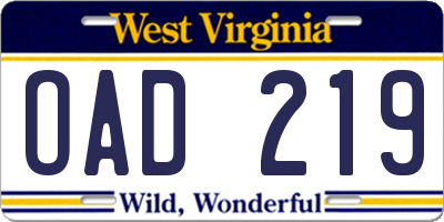 WV license plate OAD219