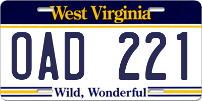 WV license plate OAD221