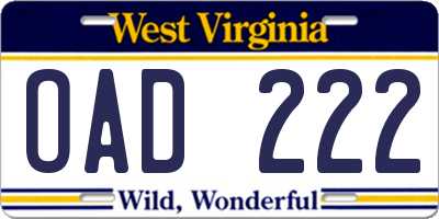 WV license plate OAD222