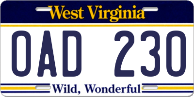 WV license plate OAD230