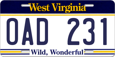 WV license plate OAD231