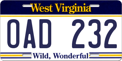 WV license plate OAD232
