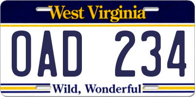 WV license plate OAD234