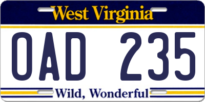 WV license plate OAD235