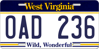 WV license plate OAD236