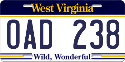 WV license plate OAD238
