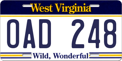 WV license plate OAD248
