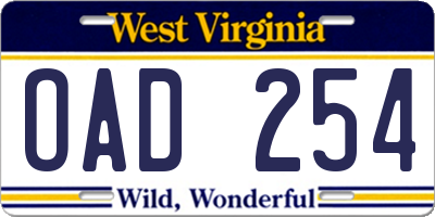 WV license plate OAD254